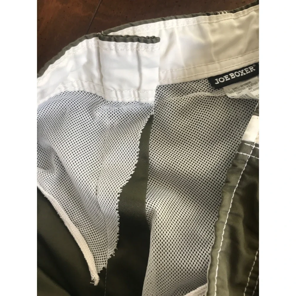 Joe Boxer Mens L Green w/ White Stripe‎ Swimming Trunks Lined with Cargo Pockets